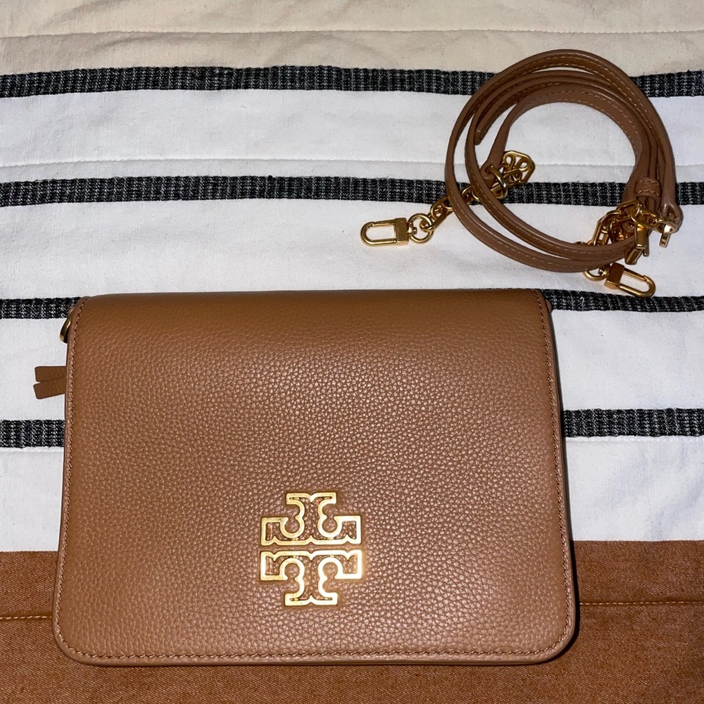 EUC Tory Burch Britten Bag Wallet Chain Crossbody Brown Pebble